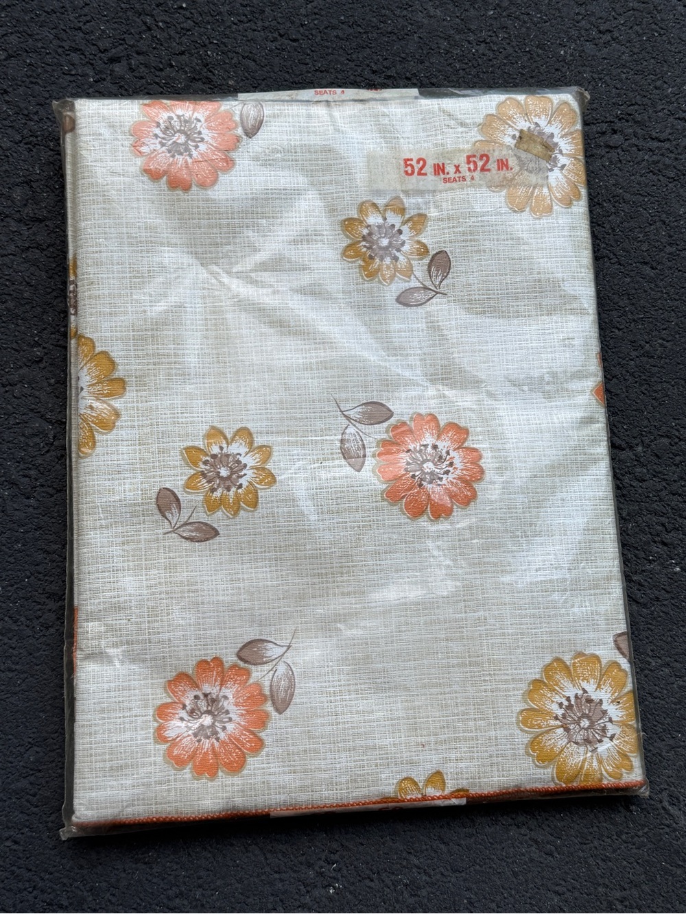 Vintage Floral Tablecloth Vinyl 52 x 52 in. - Cream with Orange Mustard Flowers